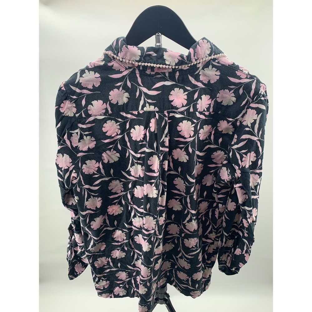 Victorias Secret Pajama Top Womens Medium Black Pink Floral Pom Pom Trim Modal - Picture 2 of 3